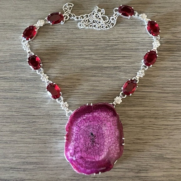 Hand Crafted Jewelry - 0548 Solar Quartz Druzy Garnet Big Necklace Statement Silver Gemstone Jewelry